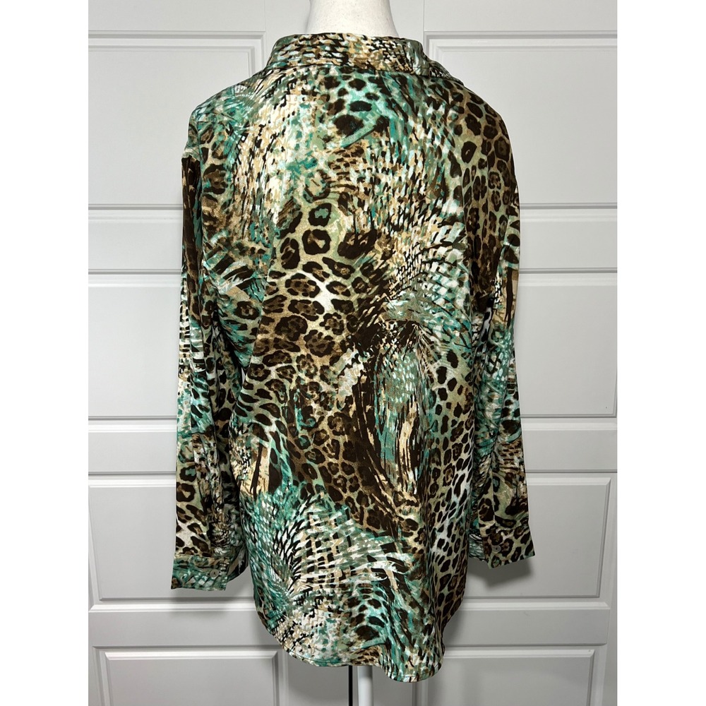 Chicos 2 Brown Animal Green Fern Safari Button Down Shirt Long Sleeve Top LG 10 - Picture 3 of 7